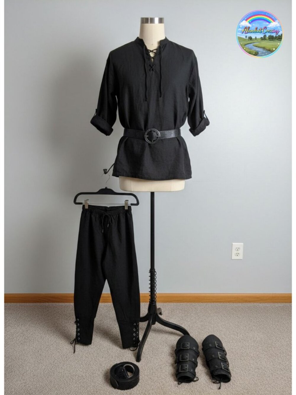 Men Renaissance Medieval Costume 4 Pc Cotton Shirt Pants Belt Wrist Guards